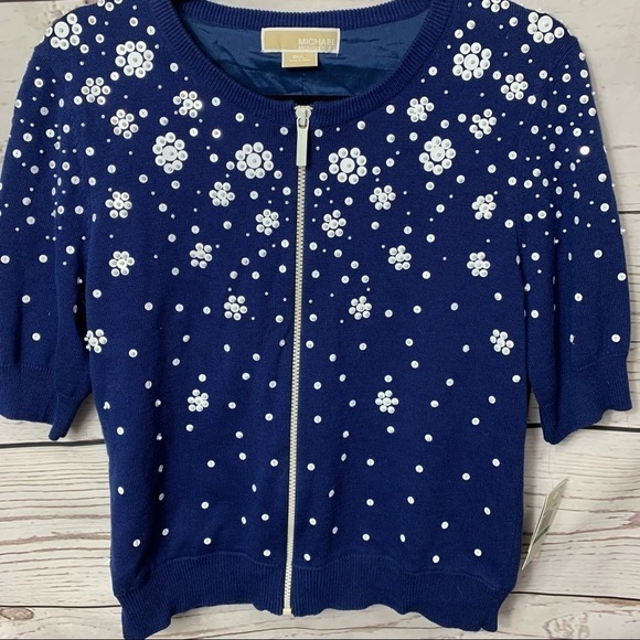 Nwt Michael Kors Embellished Sapphire Zippered Short Sleeve Cardigan Sweater - Picture 2 of 7